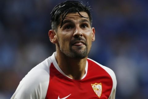 Sevilla's Nolito celebrates after scoring his side's second goal during the Spanish La Liga soccer match between Espanyol and Sevilla at the RCDE Stadium in Barcelona, Spain, Sunday Aug.18, 2019. (AP Photo/Joan Monfort)