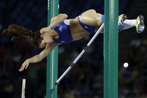 Greece's Ekaterini Stefanidi competes in the women's pole vault final, during the athletics competitions of the 2016 Summer Olympics at the Olympic stadium in Rio de Janeiro, Brazil, Friday, Aug. 19, 2016. (AP Photo/Matt Slocum)