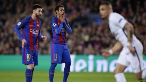 Barcelona's Lionel Messi, left and Neymar react during the Champion's League round of 16, second leg soccer match between FC Barcelona and Paris Saint Germain at the Camp Nou stadium in Barcelona, Spain, Wednesday March 8, 2017. (AP Photo/Manu Fernandez)