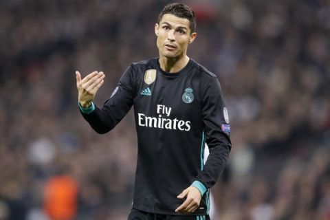 Real Madrid's Cristiano Ronaldo gestures during the soccer Champions League group H match between Tottenham and Real Madrid in London, Wednesday, Nov. 1, 2017. (AP Photo/Frank Augstein)
