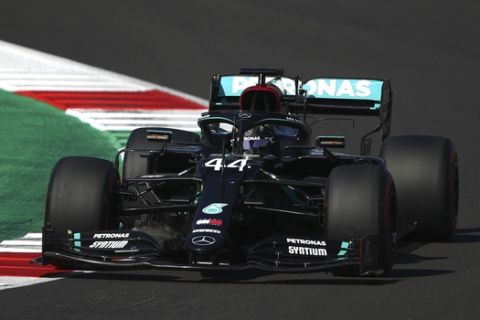 Mercedes driver Lewis Hamilton of Britain steers his car during qualification ahead of the Grand Prix of Tuscany, at the Mugello circuit in Scarperia, Italy, Saturday, Sept. 12, 2020. The Formula One Grand Prix of Tuscany will take place on Sunday. (Bryn Lennon, Pool via AP)