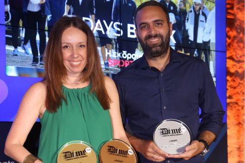 Η Σταυριάνα Χουτρίδη, Advertising Director του SPORT24 και ο Χρήστος Χατζηιωάννου Director of Brand Experience στην 24 MEDIA στα DIME Awards 2022