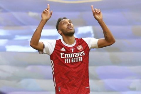 Arsenal's Pierre-Emerick Aubameyang celebrates after scoring his side's second goal during the FA Cup final soccer match between Arsenal and Chelsea at Wembley stadium in London, England, Saturday, Aug.1, 2020. (Catherine Ivill/Pool via AP)
