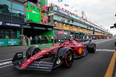 Ferrari driver Charles Leclerc of Monaco waits to leave pit lane during qualifying for the Australian Formula One Grand Prix in Melbourne, Australia, Saturday, April 9, 2022. (Simon Baker, Pool via AP)
