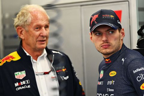 BUDAPEST, HUNGARY - JULY 30: Max Verstappen of the Netherlands and Oracle Red Bull Racing talks with Red Bull Racing Team Consultant Dr Helmut Marko in the garage during final practice ahead of the F1 Grand Prix of Hungary at Hungaroring on July 30, 2022 in Budapest, Hungary. (Photo by Dan Mullan/Getty Images)