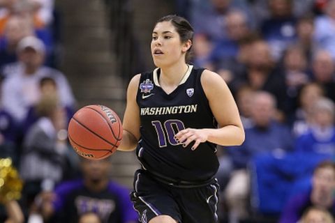 INDIANAPOLIS, IN - APRIL 03:  Kelsey Plum #10 of the Washington Huskies brings the ball upcourt in the first quarter against the Syracuse Orange during the semifinals of the 2016 NCAA Women's Final Four Basketball Championship at Bankers Life Fieldhouse on April 3, 2016 in Indianapolis, Indiana.  (Photo by Andy Lyons/Getty Images)