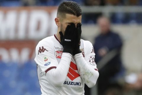 Torino's Iago Falque reacts after missing a scoring chance during a Serie A soccer match between Roma and Torino, at the Rome Olympic Stadium, Saturday, Jan. 19, 2019. (AP Photo/Andrew Medichini)