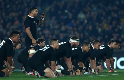 AUCKLAND, NEW ZEALAND - AUGUST 23:  Liam Messam of the All Blacks leads the haka during The Rugby Championship match between the New Zealand All Blacks and the Australian Wallabies at Eden Park on August 23, 2014 in Auckland, New Zealand.  (Photo by Simon Watts/All Blacks Collection/Getty Images)