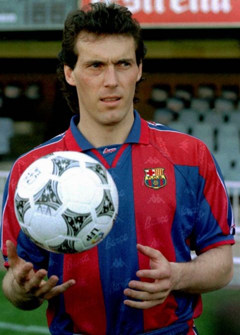 French player Laurent Blanc plays with the ball after signing a contract to play for the Barcelona soccer team in Barcelona Monday May 20, 1996. Blanc came from the French team Auxerre. (AP Photo/Cesar Rangel)