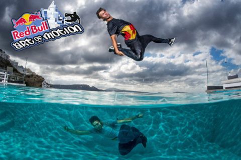 Pavel Petkuns of Latvia and Dimitris Kirsanidis of Greece exploring the island of Santorini ahead of the Red Bull Art of Motion freerunning competition in Santorini, Greece on September 30, 2015.