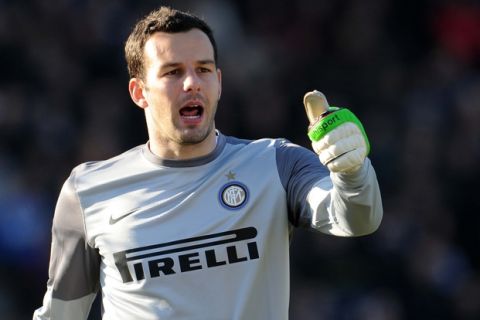 Inter Milan's Samir Handanovic gestures during the Italian Serie A football match between Udinese and Inter Milan on January 6, 2013, at Friuli Stadium in Udine. AFP PHOTO / Simone Ferraro        (Photo credit should read SIMONE FERRARO/AFP/Getty Images)