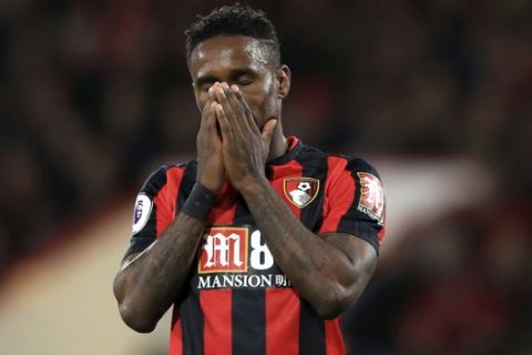 Bournemouth's Jermain Defoe reacts after a missed chance during the English Premier League soccer match between Bournemouth and Brighton, at the Vitality Stadium, in Bournemouth, England, Friday, Sept. 15, 2017. (John Walton/PA via AP)