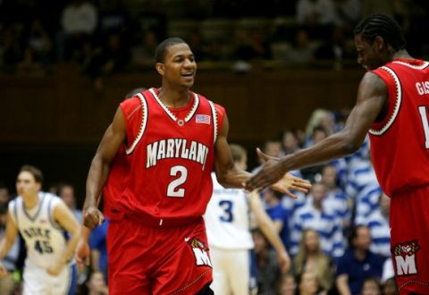 DURHAM, NC - FEBRUARY 28:  D.J.Strawberry #2 shakes hands with teammate James Gist #15 of the Maryland Terrapins after defeating the Duke Blue Devils 85-77 during their game at Cameron Indoor Stadium on February 28, 2007 in Durham, North Carolina.  (Photo by Streeter Lecka/Getty Images)