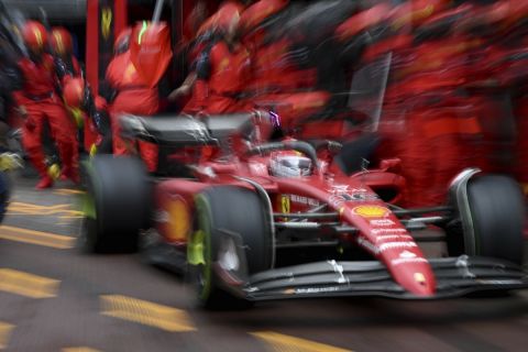 Ferrari driver Charles Leclerc of Monaco steers his car after he gets a pit service during the Monaco Formula One Grand Prix, at the Monaco racetrack, in Monaco, Sunday, May 29, 2022. (Pool Photo/Christian Bruna/Via AP)