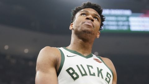 Milwaukee Bucks' Giannis Antetokounmpo reacts during the first half of Game 5 of the NBA Eastern Conference basketball playoff finals against the Toronto Raptors Thursday, May 23, 2019, in Milwaukee. (AP Photo/Morry Gash)