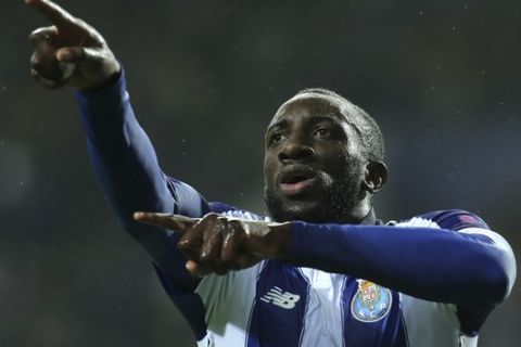 Porto forward Moussa Marega celebrates after scoring his side's second goal during the Champions League group D soccer match between FC Porto and Lokomotiv Moscow at the Dragao stadium in Porto, Portugal, Tuesday, Nov. 6, 2018. (AP Photo/Manuel Araujo)