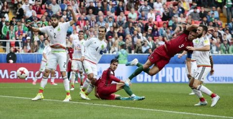 Portugal's Pepe scores during the Confederations Cup, third place soccer match between Portugal and Mexico, at the Moscow Spartak Stadium, Sunday, July 2, 2017. (AP Photo/Denis Tyrin)