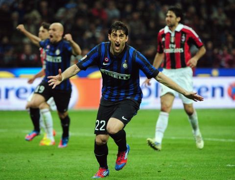Inter Milan's Argentine forward Diego Alberto Milito celebrates after scoring his third goal against AC Milan on May 6, 2012 during an Italian Serie A football match at the San Siro stadium in Milan. AFP PHOTO / OLIVIER MORINOLIVIER MORIN/AFP/GettyImages