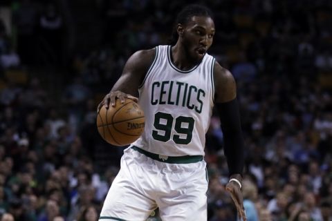 Boston Celtics forward Jae Crowder (99) during the second half of an NBA basketball game in Boston, Monday, April 10, 2017. The Celtics defeated the Nets 114-105. (AP Photo/Charles Krupa)

