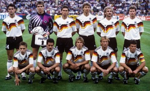 West Germany Team Group. (top l-r) Thomas Berthold, Bodo Illgner (goalkeeper), Klaus Augenthaler, Guido Buchwald, Rudi Voller, Stefan Reuter. (front l-r) Thomas Hassler, Uwe Bein, Jurgen Klinsmann, Andreas Brehme, Lothar Matthaus.