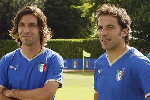 From left, Italy's Andrea Pirlo, Alessandro Del Piero, Massimo Ambrosini and Alberto Aquilani pose with the team's new jerseys, prior to a training session at the Coverciano center, near Florence, Tuesday, May 27, 2008. The Italian national soccer team is preparing for the upcoming Euro 2008 tournament scheduled to kick off in Austria and Switzerland next June 7. (AP Photo/Lorenzo Galassi)