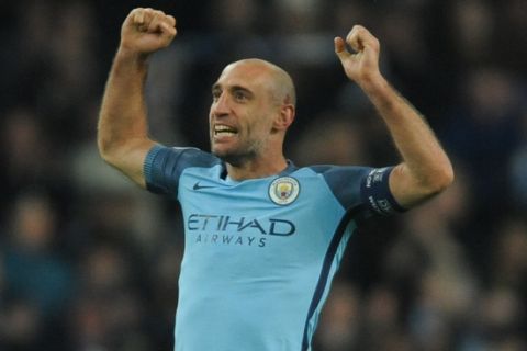 Manchester Citys Pablo Zabaleta during the Champions League group C soccer match between Manchester City and Barcelona at the Etihad stadium in Manchester, England, Tuesday, Nov. 1, 2016. (AP Photo/Rui Vieira)