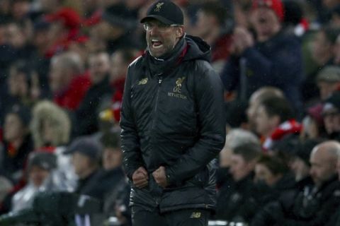 Liverpool head coach Juergen Klopp shouts in frustration during the Champions League round of 16 first leg soccer match between Liverpool and Bayern Munich at Anfield stadium in Liverpool, England, Tuesday, Feb. 19, 2019. (AP Photo/Dave Thompson)