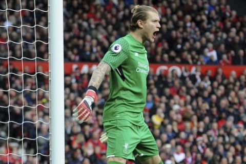Liverpool's Loris Karius during the English Premier League soccer match between Manchester United and Liverpool at Old Trafford in Manchester, England, Saturday, March 10, 2018. (AP Photo/Rui Vieira)