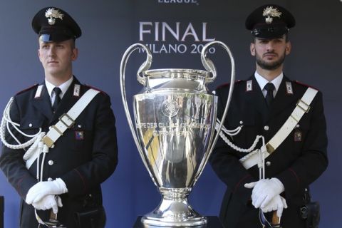The Champions League trophy is shown to the public, in Milan, Italy, Friday, May 20, 2016. (AP Photo/Luca Bruno)