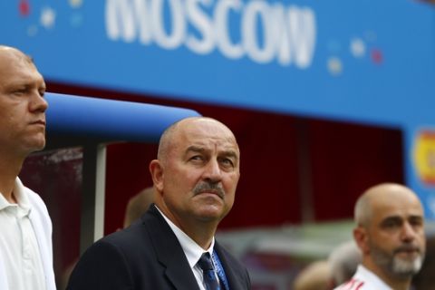 Russia head coach Stanislav Cherchesov waits for the beginning of the round of 16 match between Spain and Russia at the 2018 soccer World Cup at the Luzhniki Stadium in Moscow, Russia, Sunday, July 1, 2018. (AP Photo/Matthias Schrader)