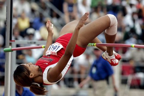 Port Arthur Memorial's Inika McPherson fails on her final attempt to clear the bar as she competes in the Class 5A girls high jump at the state track and field championships in Austin, Texas, Saturday, May 14, 2005. McPherson finished second. (AP Photo/Eric Gay)