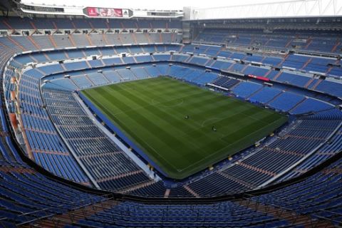 A general view of the Santiago Bernabeu stadium in Madrid, Spain, Friday, Nov. 30, 2018. The twice-postponed Copa Libertadores final between Argentina archrivals Boca Juniors and River Plate will be played in Madrid on Dec. 9. The second leg was supposed to be played last Saturday, but Boca players were injured when their bus was attacked by River fans. (AP Photo/Manu Fernandez)