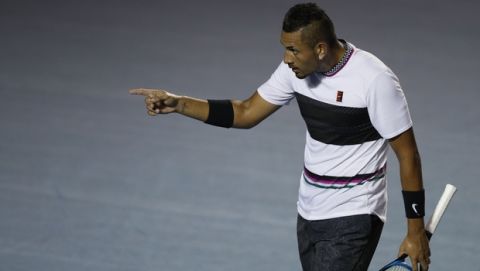 Australia's Nick Kyrgios points toward the back of the court in his Mexican Tennis Open final match against Germany's Alexander Zverev, in Acapulco, Mexico, Saturday, March 2, 2019. (AP Photo/Rebecca Blackwell)