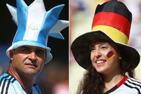 FILE PHOTO - EDITORS NOTE: COMPOSITE OF TWO IMAGES - Image Numbers 450985096 (L) and 450994202) In this composite image a comparison has been made between Argentina and Germany Fans. Germany and Argentina play each other in the 2014 FIFA World Cup Brazil Final on July 13, 2014 in the Maracana Stadium in Rio De Janeiro,Brazil. ***LEFT IMAGE*** BELO HORIZONTE, BRAZIL - JUNE 21: An Argentina fan enjoys the atmosphere prior to the 2014 FIFA World Cup Brazil Group F match between Argentina and Iran at Estadio Mineirao on June 21, 2014 in Belo Horizonte, Brazil. (Photo by Jeff Gross/Getty Images) ***RIGHT IMAGE***  FORTALEZA, BRAZIL - JUNE 21: A Germany fan enjoys the atmopshere prior to the 2014 FIFA World Cup Brazil Group G match between Germany and Ghana at Castelao on June 21, 2014 in Fortaleza, Brazil. (Photo by Robert Cianflone/Getty Images)