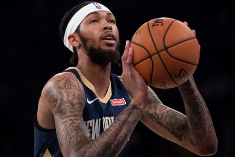 New Orleans Pelicans forward Brandon Ingram shoots a free throw during the first half of a preseason NBA basketball game against the New York Knicks, Friday, Oct. 18, 2019, at Madison Square Garden in New York. (AP Photo/Mary Altaffer)