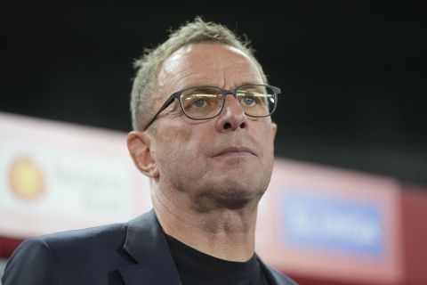 Austria's coach Ralf Rangnick stands before the Euro 2024 group F qualifying soccer match between Austria and Belgium at the Ernst Happel stadium in Vienna, Austria, Friday, Oct. 13, 2023. (AP Photo/Florian Schroetter)