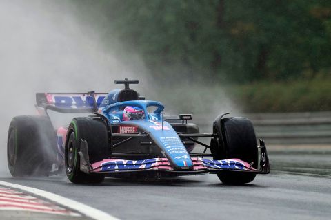 Alpine driver Fernando Alonso of Spain steers his car during the third free practice session for the Hungarian Formula One Grand Prix at the Hungaroring racetrack in Mogyorod, near Budapest, Hungary, Saturday, July 30, 2022. The Hungarian Formula One Grand Prix will be held on Sunday. (AP Photo/Darko Bandic)