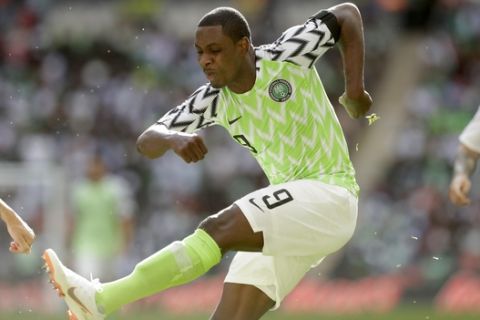 Nigeria's Odion Ighalo during a friendly soccer match between England and Nigeria at Wembley stadium in London, Saturday, June 2, 2018. (AP Photo/Matt Dunham)