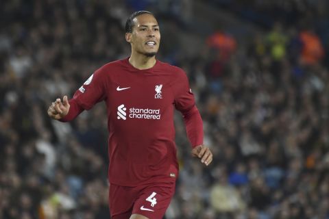 Liverpool's Virgil van Dijk in action during the English Premier League soccer match between Leeds United and Liverpool at Elland Road in Leeds, England, Monday, April 17, 2023. (AP Photo/Rui Vieira)