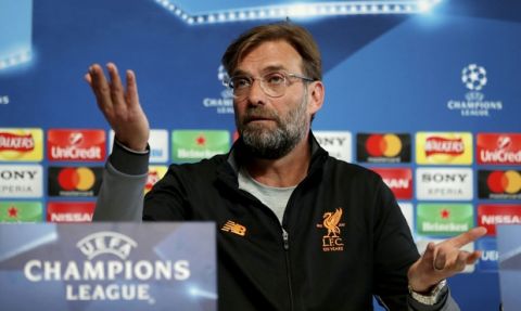 Liverpool coach Jurgen Klopp talks during a press conference in Manchester, England, Monday, April 9, 2018, on the eve of the Champions League quarter-final second leg soccer match against Manchester City. (Richard Sellers/PA via AP)