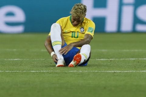Brazil's Neymar reacts during the group E match between Brazil and Switzerland at the 2018 soccer World Cup in the Rostov Arena in Rostov-on-Don, Russia, Sunday, June 17, 2018. (AP Photo/Darko Vojinovic)