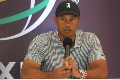 Tiger Woods answers a question at a press conference prior the WGC-Mexico Championship at the Chapultepec Golf Club in Mexico City, Wednesday, Feb. 20, 2019. (AP Photo/Marco Ugarte)