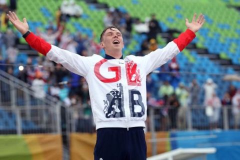 Great Britain's Joe Clarke celebrates gold in the Kayak (K1) Men's final on the fifth day of the Rio Olympics Games, Brazil. PRESS ASSOCIATION Photo. Picture date: Wednesday August 10, 2016. Photo credit should read: Martin Rickett/PA Wire. EDITORIAL USE ONLY