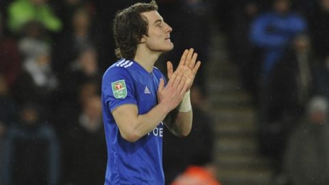 Leicester's Caglar Soyuncu during the English League Cup quarterfinal soccer match at the King Power stadium in Leicester, England, Tuesday, Dec.18, 2018. (AP Photo/Rui Vieira)
