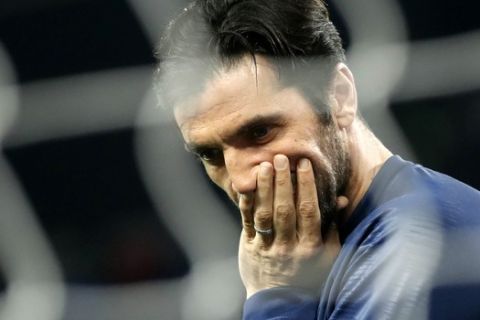 PSG's goalkeeper Gianluigi Buffon appears to be in a pensive mood prior to the French League One soccer match between Paris-Saint-Germain and Olympique Marseille at the Parc des Princes stadium in Paris, Sunday, March 17, 2019. (AP Photo/Christophe Ena)