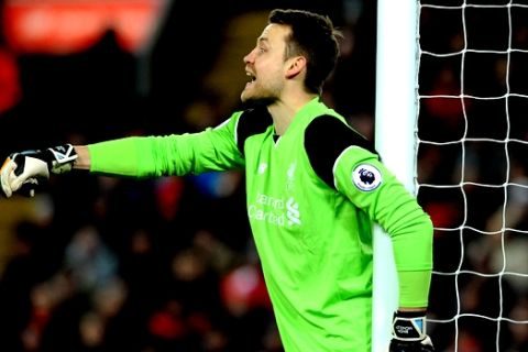 Liverpools Simon Mignolet during the English Premier League soccer match between Liverpool and Tottenham Hotspur at Anfield, Liverpool, England, Saturday, Feb. 11, 2017. (AP Photo/Rui Vieira)

