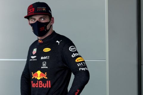 Red Bull driver Max Verstappen of the Netherlands looks on after the Formula One Grand Prix at the Barcelona Catalunya racetrack in Montmelo, Spain, Sunday, Aug. 16, 2020. (Albert Gea, Pool via AP)