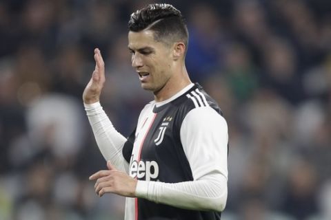 Juventus' Cristiano Ronaldo gestures during a Serie A soccer match between Juventus and Bologna, at the Allianz stadium in Turin, Italy, Saturday, Oct.19, 2019. (AP Photo/Luca Bruno)