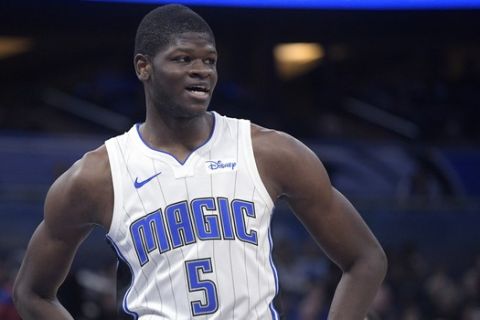 Orlando Magic center Mo Bamba (5) reacts to a call by an official during the second half of an NBA basketball game against the Phoenix Suns Wednesday, Dec. 4, 2019, in Orlando, Fla. (AP Photo/Phelan M. Ebenhack)