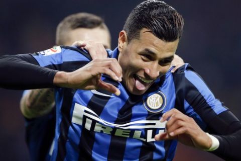 Inter Milan's Jeison Murillo celebrates after scoring during a Serie A soccer match between Inter Milan and Frosinone at the San Siro stadium in Milan, Italy, Sunday, Nov. 22, 2015. (AP Photo/Luca Bruno)